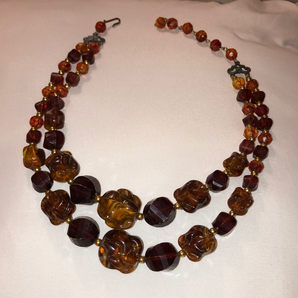 Vintage Mid-Century Two-Strand Amber Lucite Nugget
Bead Necklace